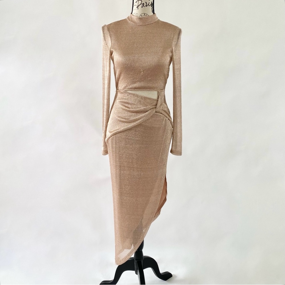 NWT Rose Gold Chainmail Cutout Long Sleeve Tie Back Side Slit Maxi Dress 2